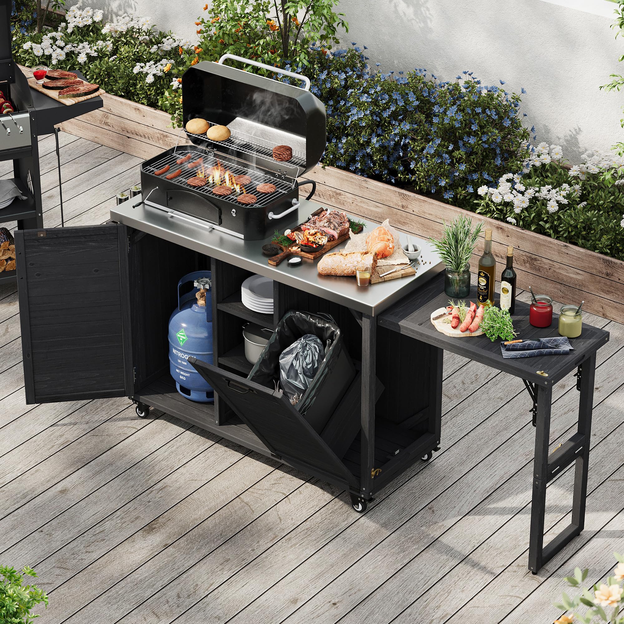78.3" Outdoor Kitchen Island with Foldable Grill Table, Wooden Outdoor Grill Cart with Trash Can Storage & Stainless Steel Top, Outdoor Bar Cart, Pizza Oven Table for Lawn & Garden (Dark Brown1)