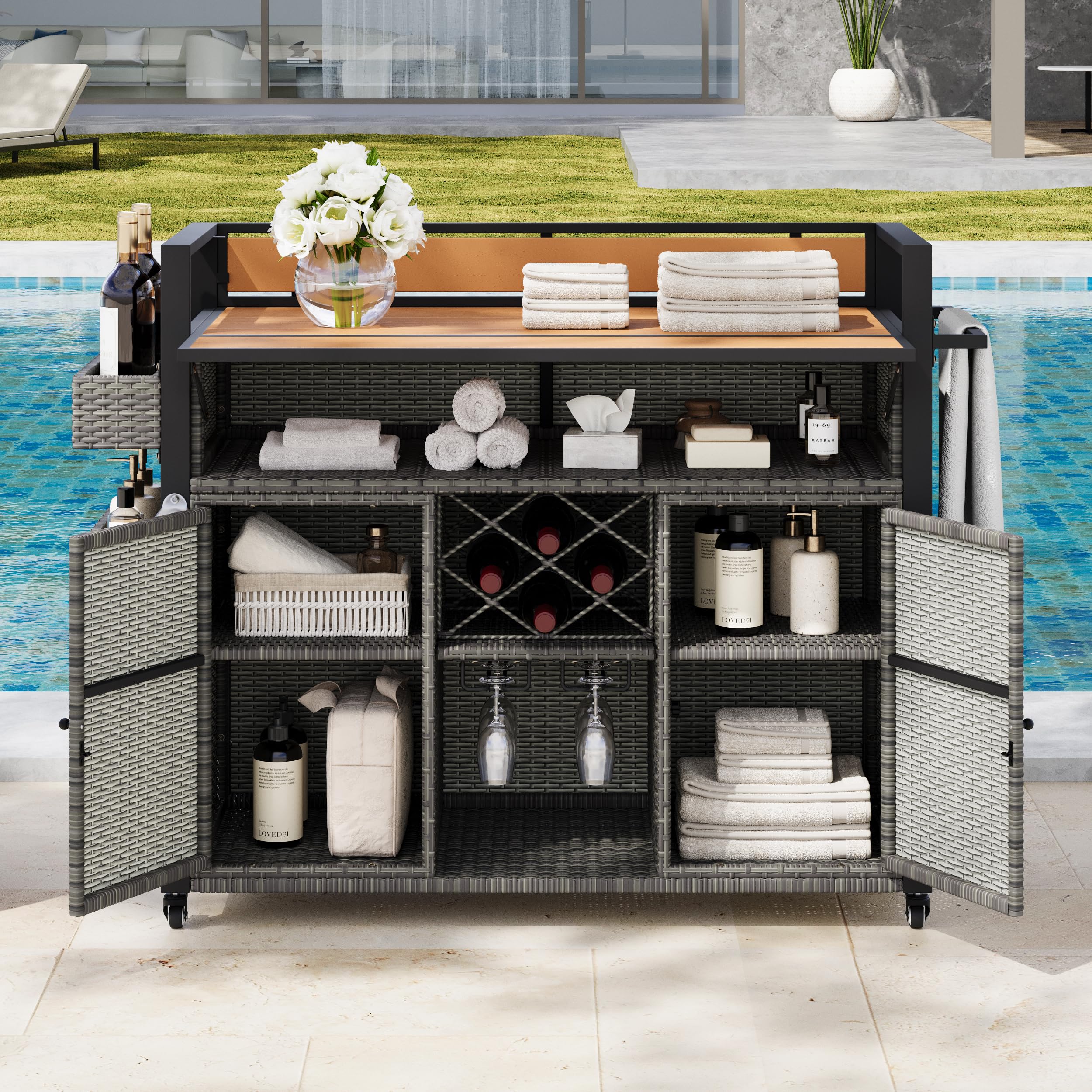 YOPTO 53.3" Outdoor Kitchen Island with Raised Shelf,Solid Wood Grill Cart,Stainless Steel Top,Adjustable Shelf,Spice Rack,Lockable Wheels,Brown