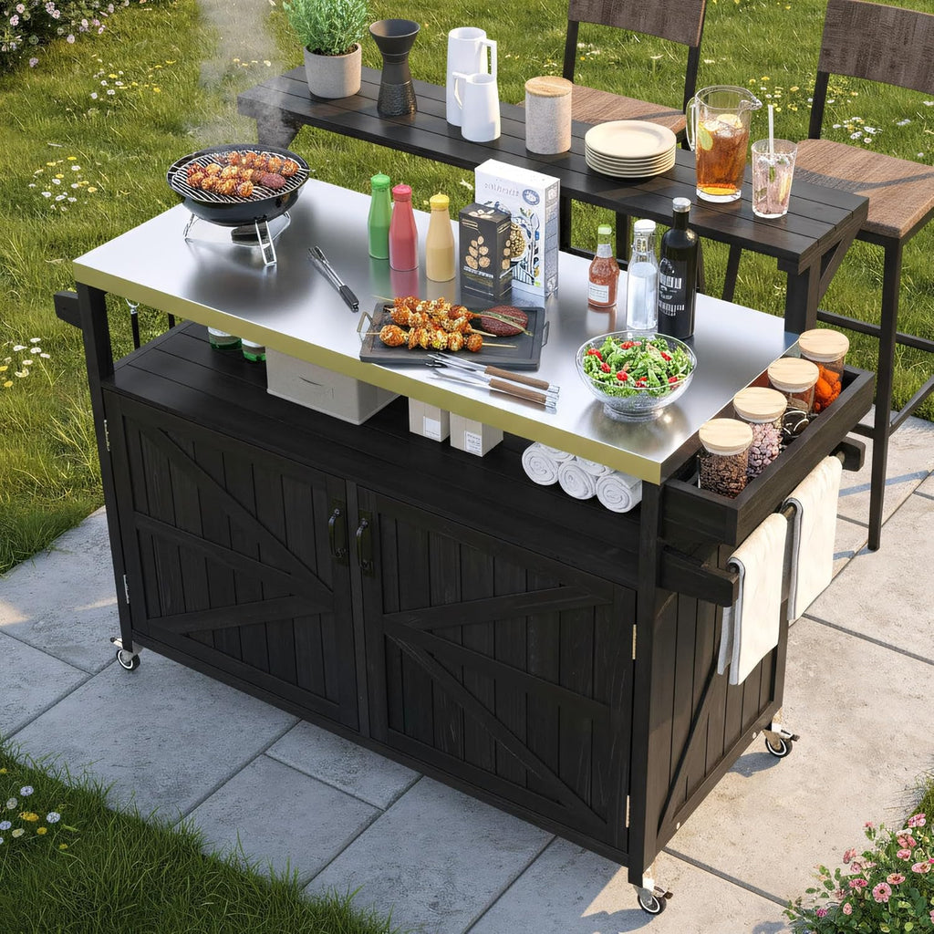 Merax 53.3" Outdoor Kitchen Island with Raised Shelf, Solid Wood Storage Cabinet with Stainless Steel Top, Rolling Grill Cart, Adjustable Shelf, Brown