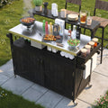 Merax 53.3" Outdoor Kitchen Island with Raised Shelf, Solid Wood Storage Cabinet with Stainless Steel Top, Rolling Grill Cart, Adjustable Shelf, Brown