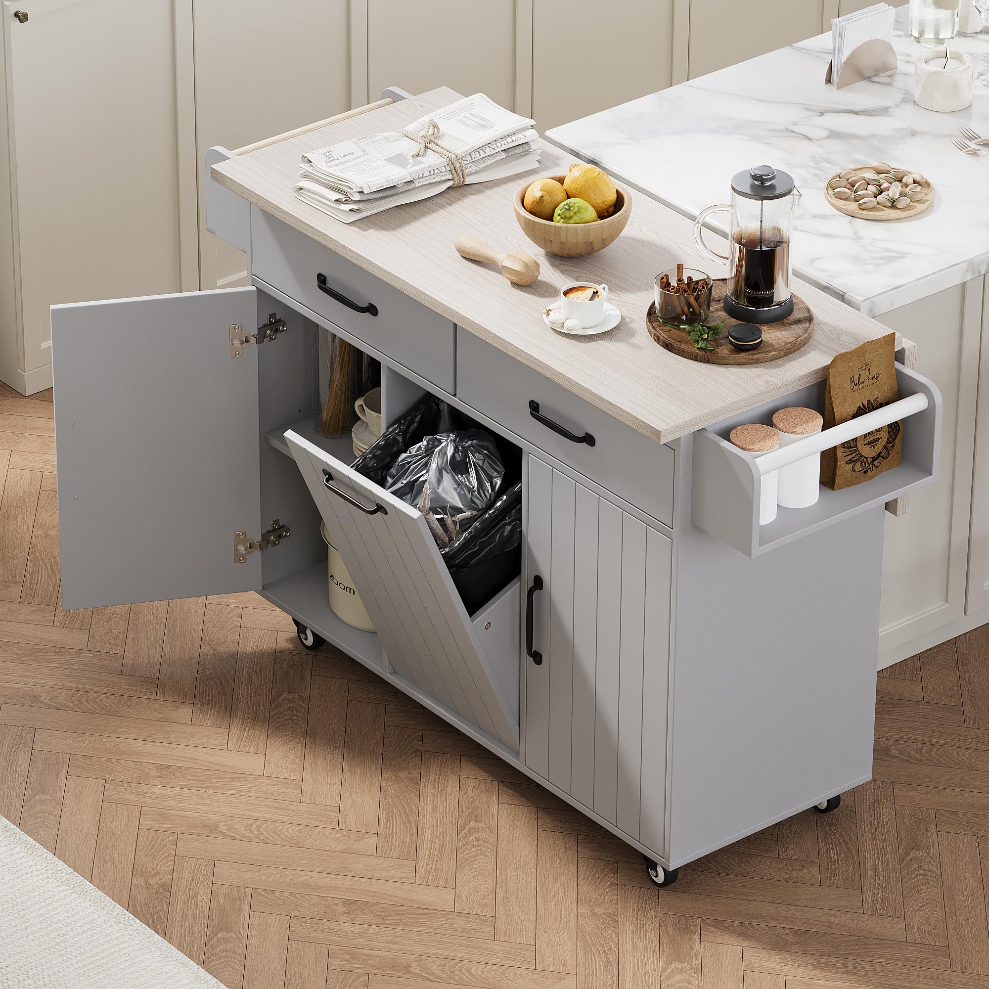 50.25" Kitchen Island Rolling Bar Cart & Storage Cabinet, Farmhouse Solid Wood Outdoor Grill Table with Stainless Steel Top and Spice, Towel Rack for BBQ,Natural