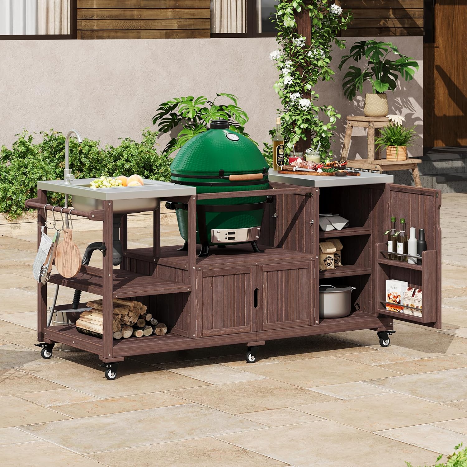 75.4" Outdoor Kitchen Island with Sink, Solid Wood Grill Cart, Rolling BBQ Prep Station with Stainless Steel Top, Towel Rack & Spice Rack, BBQ Cart (Grills NOT Included) (Brown, 75.4 inch)