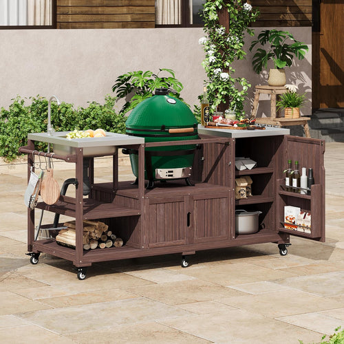 75.4" Outdoor Kitchen Island with Sink, Solid Wood Grill Cart, Rolling BBQ Prep Station with Stainless Steel Top, Towel Rack & Spice Rack, BBQ Cart (Grills NOT Included) (Brown, 75.4 inch)