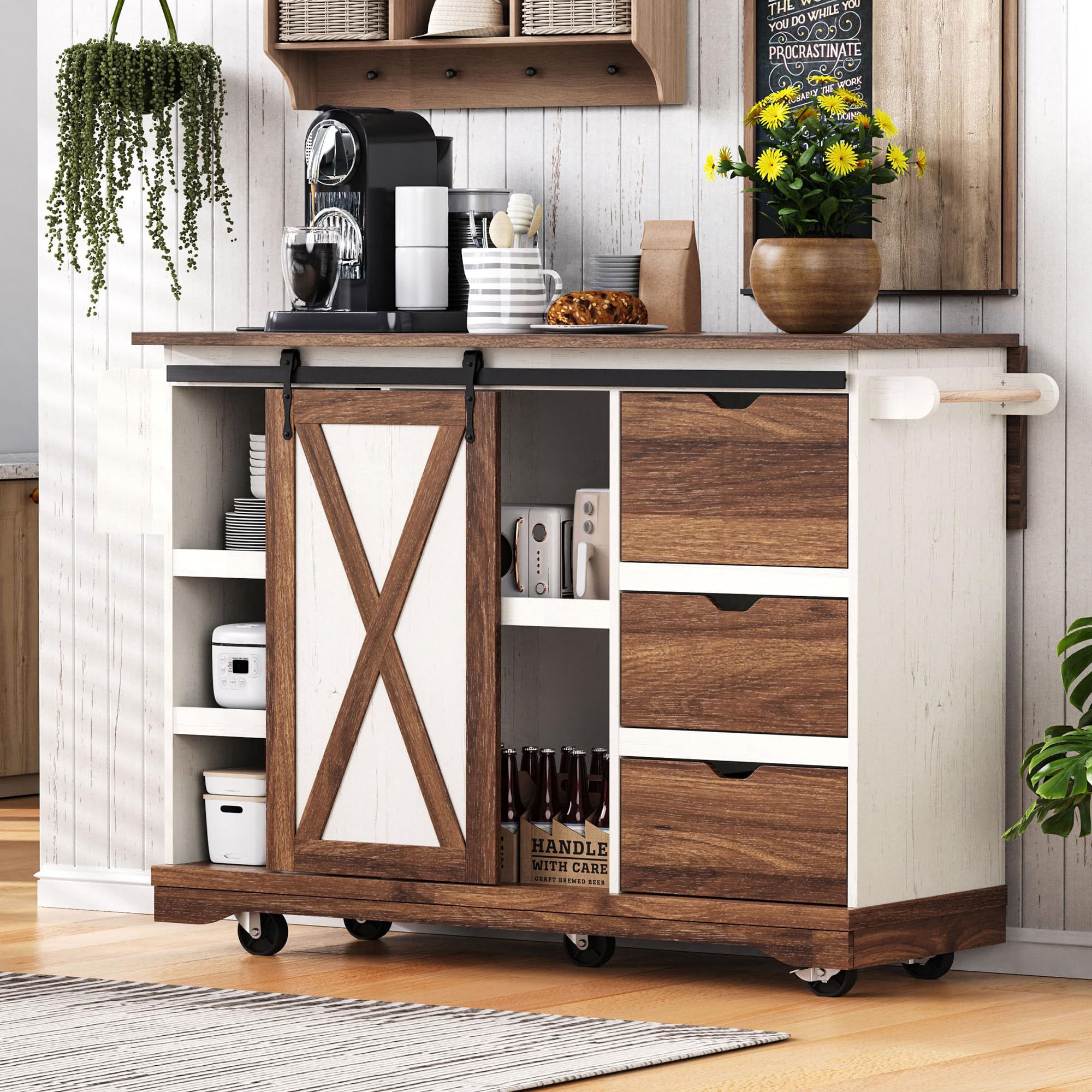 Farmhouse Outdoor Kitchen Island, Rolling Bar Cart & Storage Cabinet with Stainless Steel Top, Spice Rack, Towel Rack for Kitchen & Barbecue, Solid Wood Outdoor Grill Table (Natural)