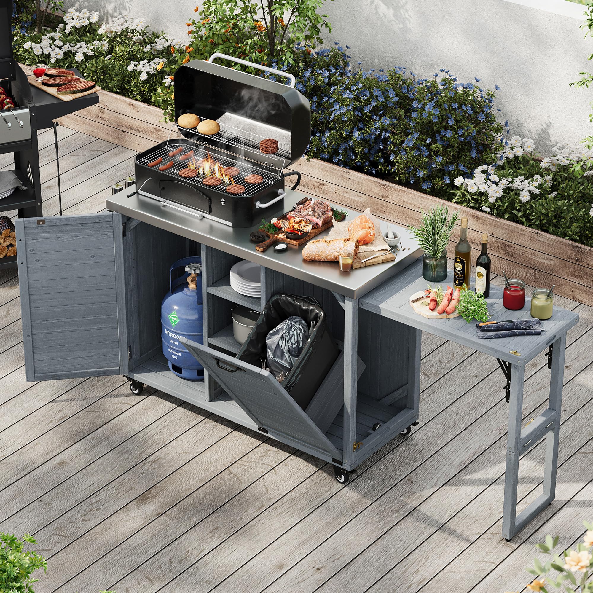 78.3" Outdoor Kitchen Island with Foldable Grill Table, Wooden Outdoor Grill Cart with Trash Can Storage & Stainless Steel Top, Outdoor Bar Cart, Pizza Oven Table for Lawn & Garden (Dark Brown1)