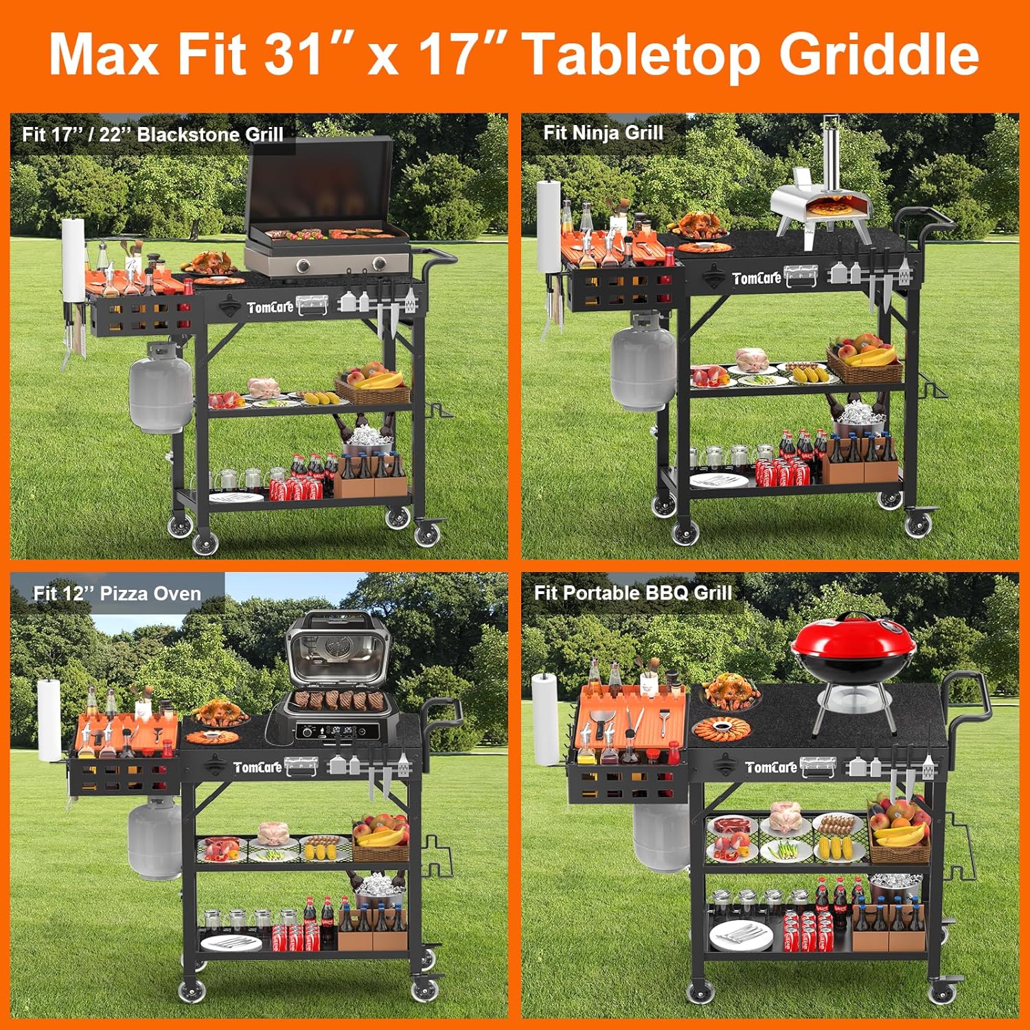 TomCare Grill Table with 3-Tier Storage Shelves Lockable Wheels Grill Cart with Silicone Grill Mat Heavy Duty Outdoor Tabletop Griddle Stand Holds 500Lbs Fits 22” Blackstone Ninja Cuisinart BBQ Grill