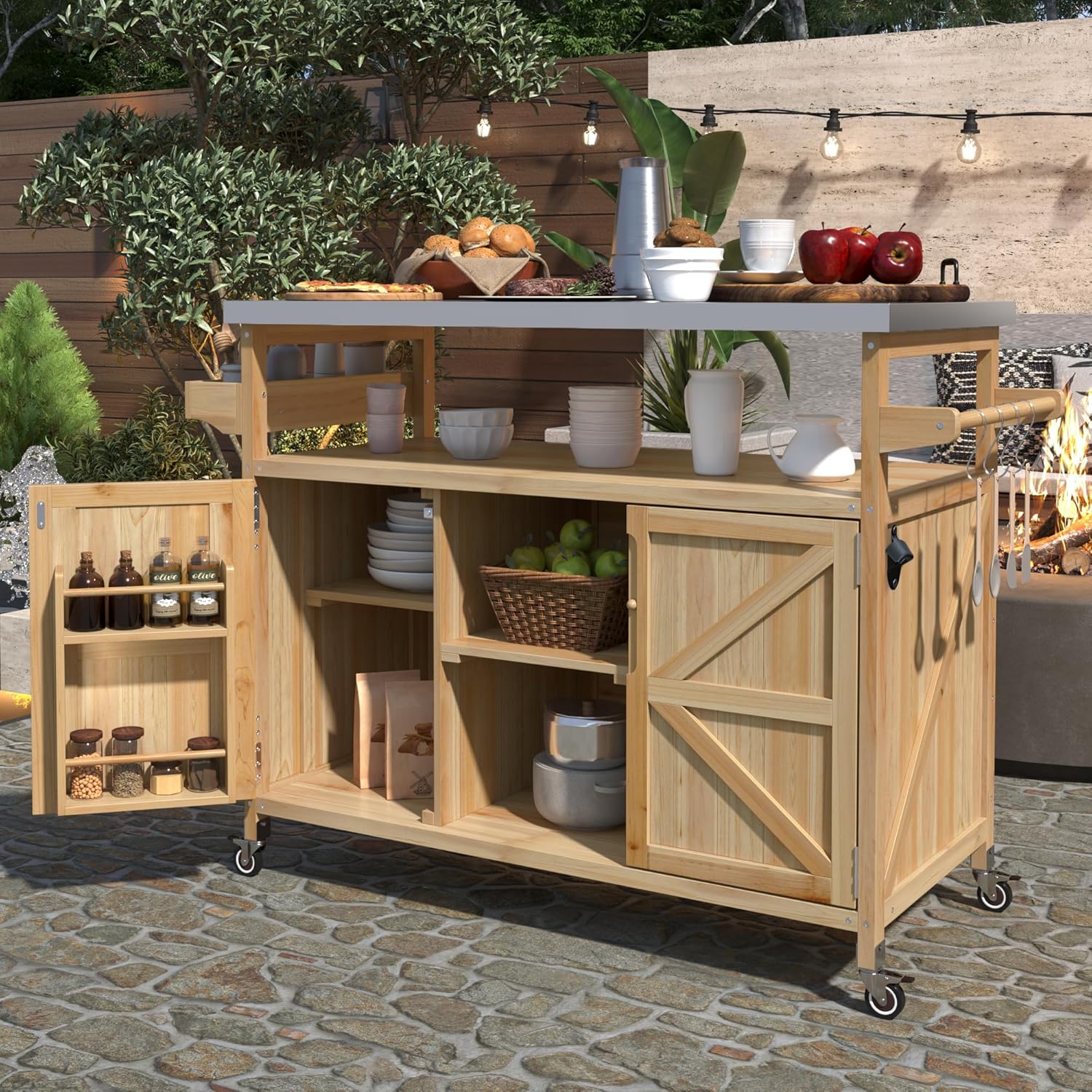 50.25" Kitchen Island Rolling Bar Cart & Storage Cabinet, Farmhouse Solid Wood Outdoor Grill Table with Stainless Steel Top and Spice, Towel Rack for BBQ,Natural