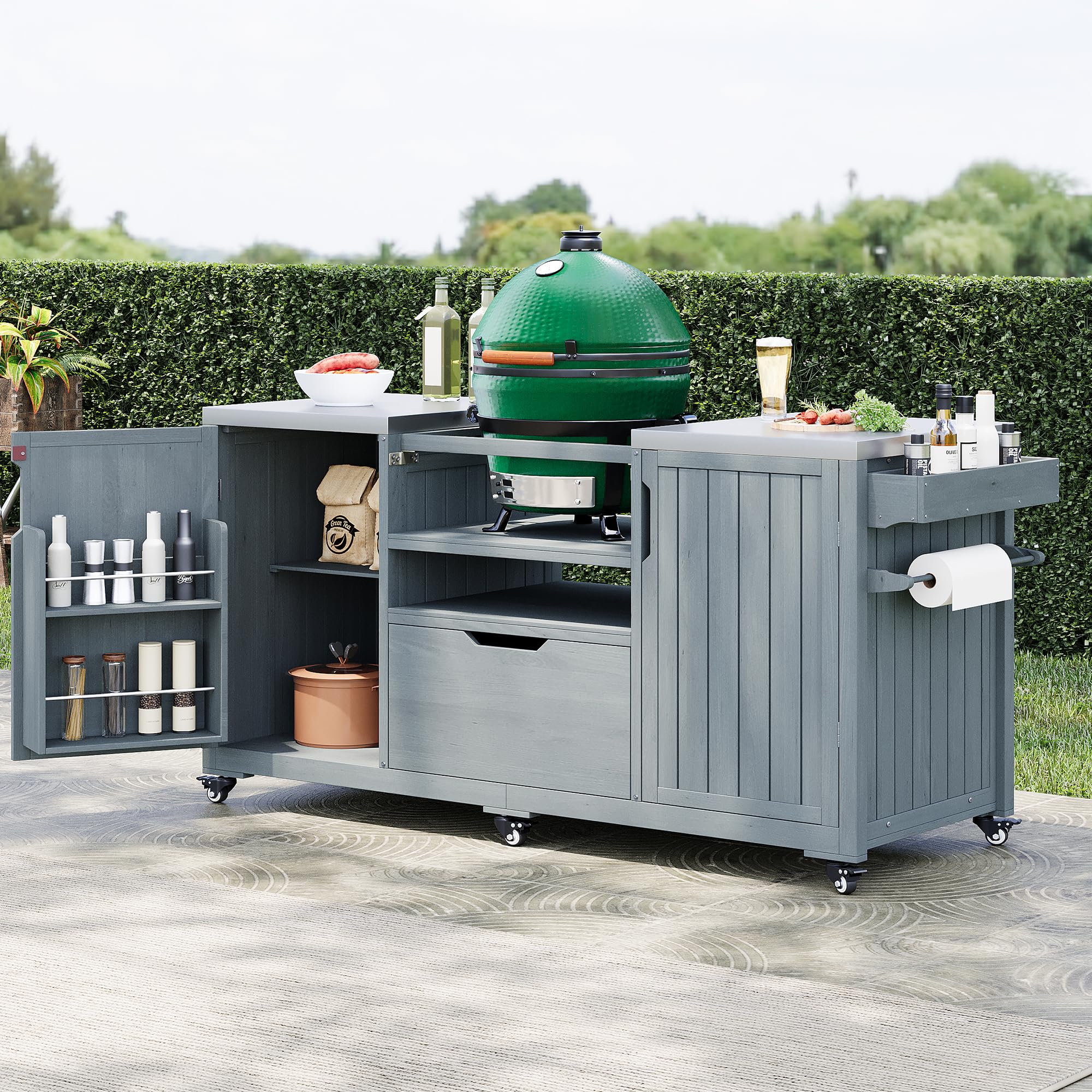 78.3" Outdoor Kitchen Island with Foldable Grill Table, Wooden Outdoor Grill Cart with Trash Can Storage & Stainless Steel Top, Outdoor Bar Cart, Pizza Oven Table for Lawn & Garden (Dark Brown1)