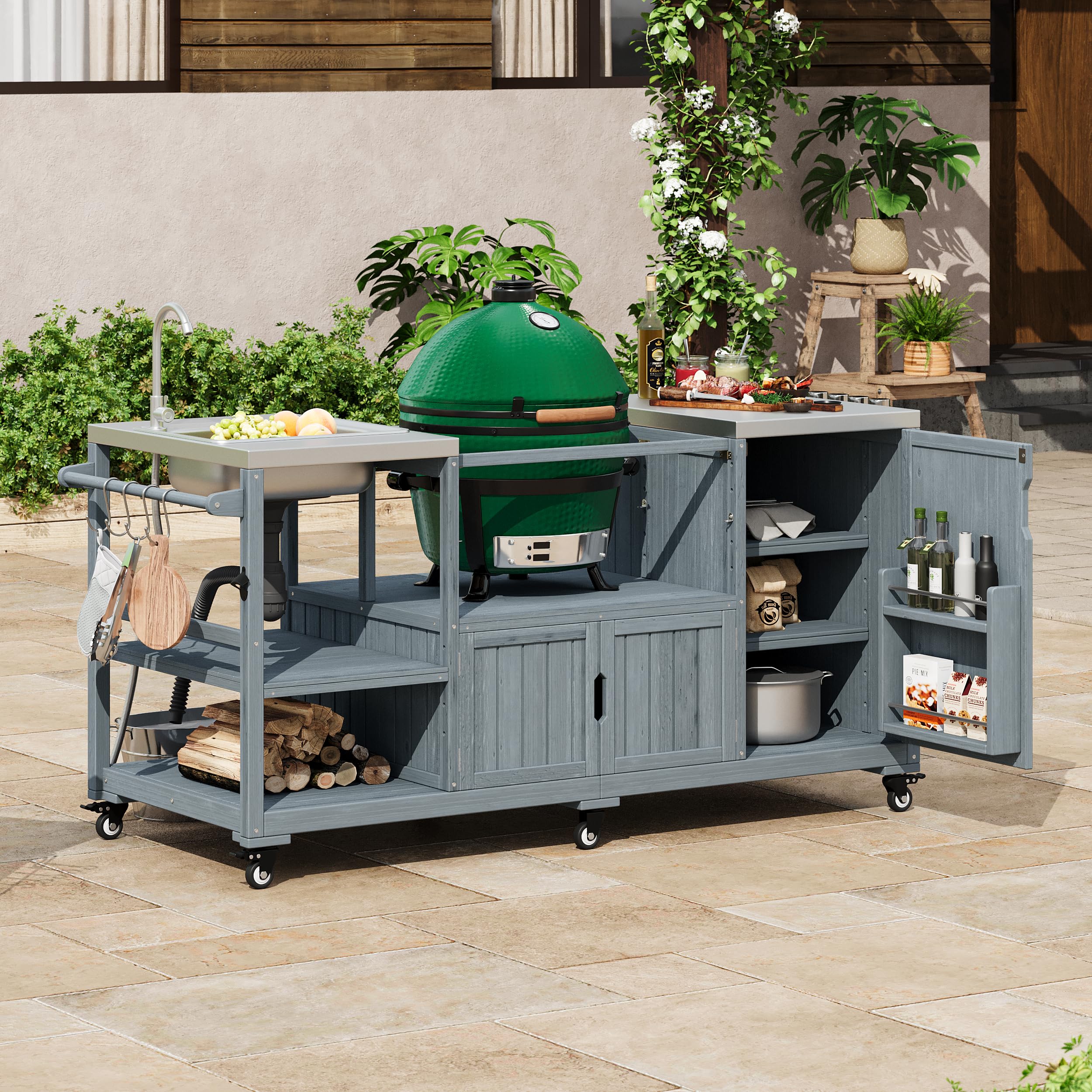 78.3" Outdoor Kitchen Island with Foldable Grill Table, Wooden Outdoor Grill Cart with Trash Can Storage & Stainless Steel Top, Outdoor Bar Cart, Pizza Oven Table for Lawn & Garden (Dark Brown1)