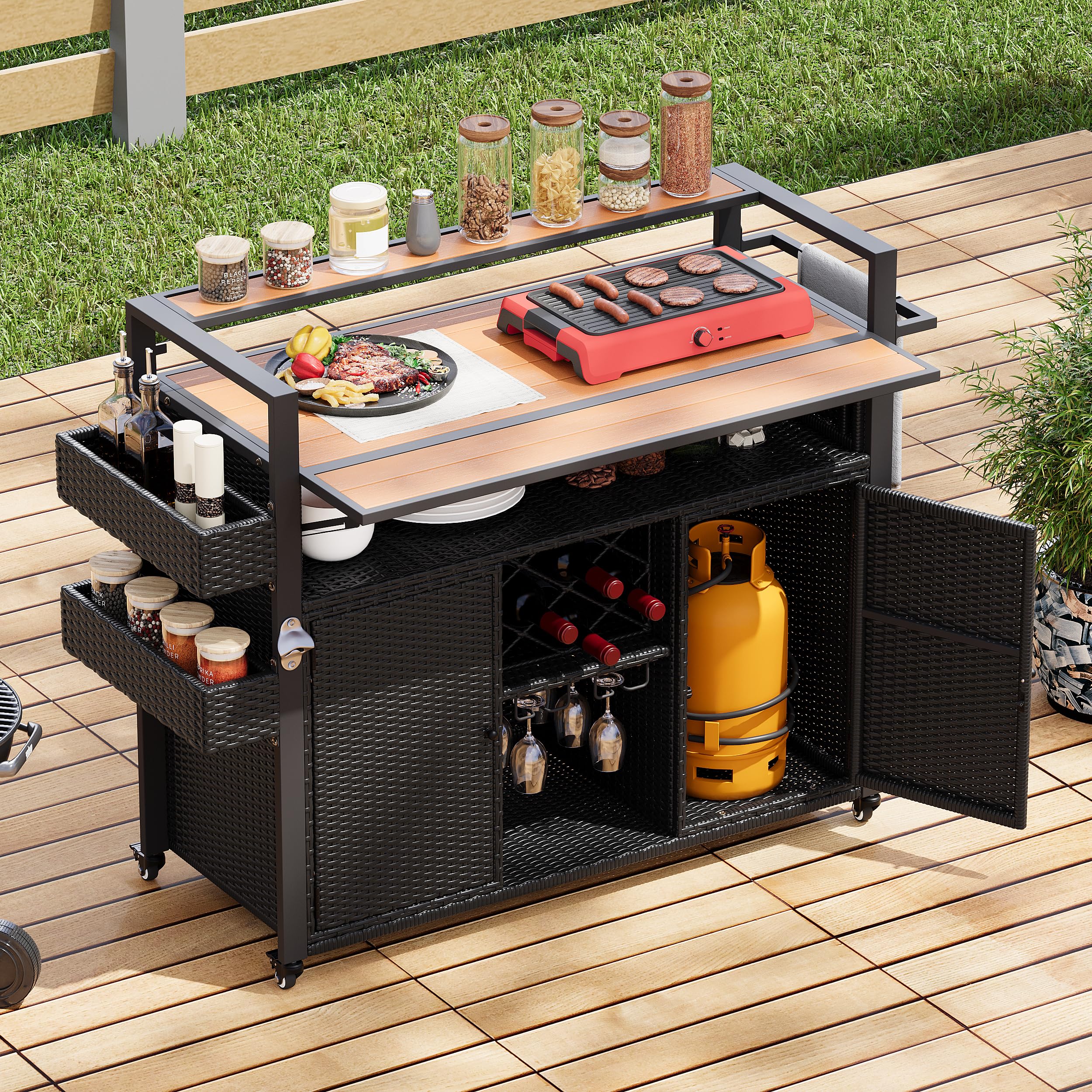YOPTO 53.3" Outdoor Kitchen Island with Raised Shelf,Solid Wood Grill Cart,Stainless Steel Top,Adjustable Shelf,Spice Rack,Lockable Wheels,Brown