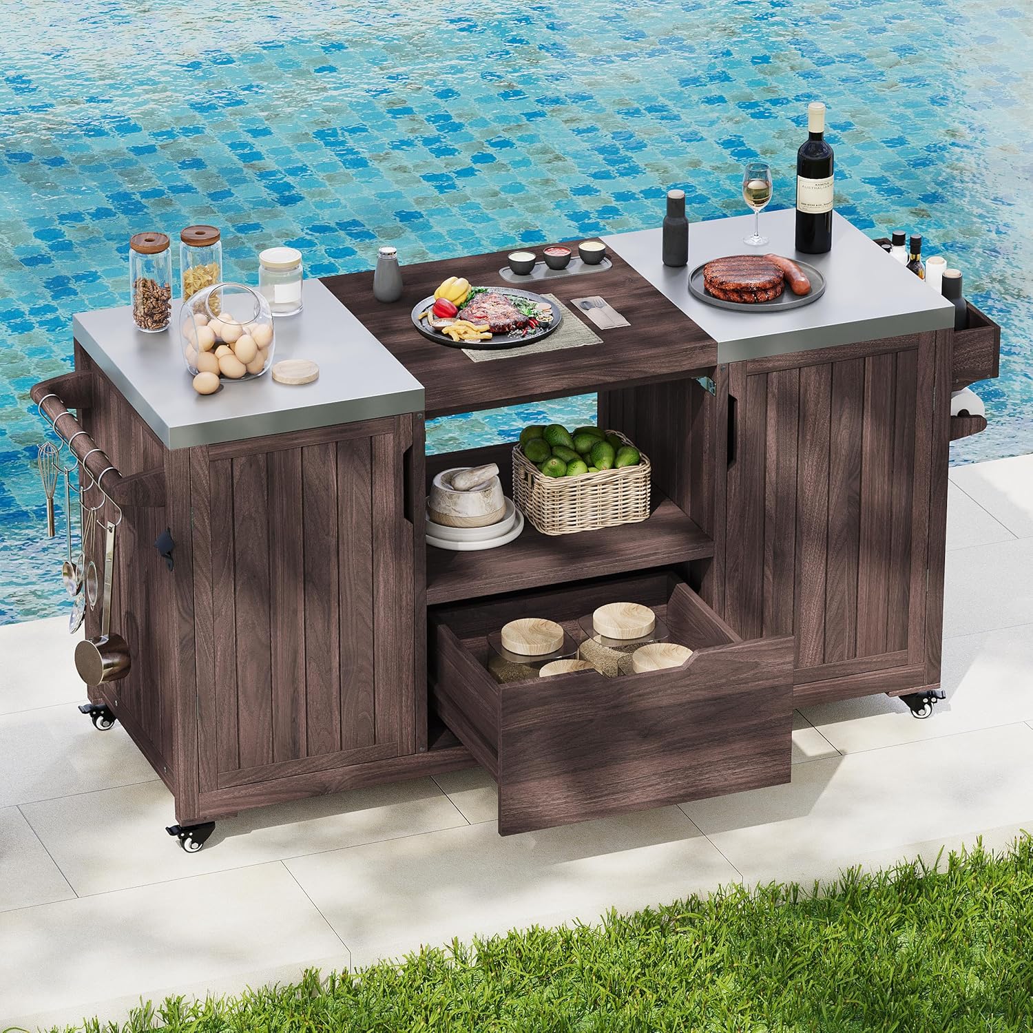 Outdoor Kitchen Island Grill Station with Storage, Dark Brown