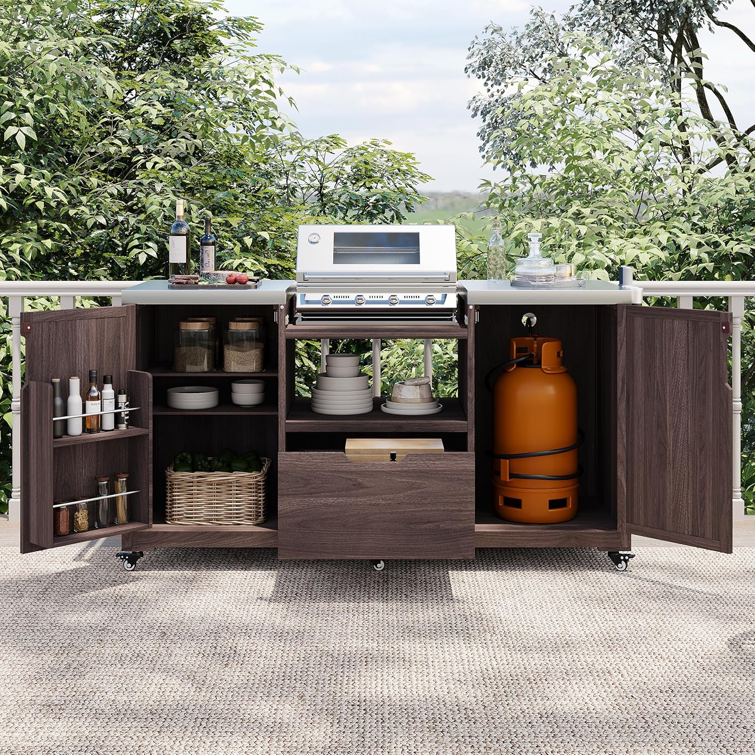 Outdoor Kitchen Island Grill Station with Storage, Dark Brown