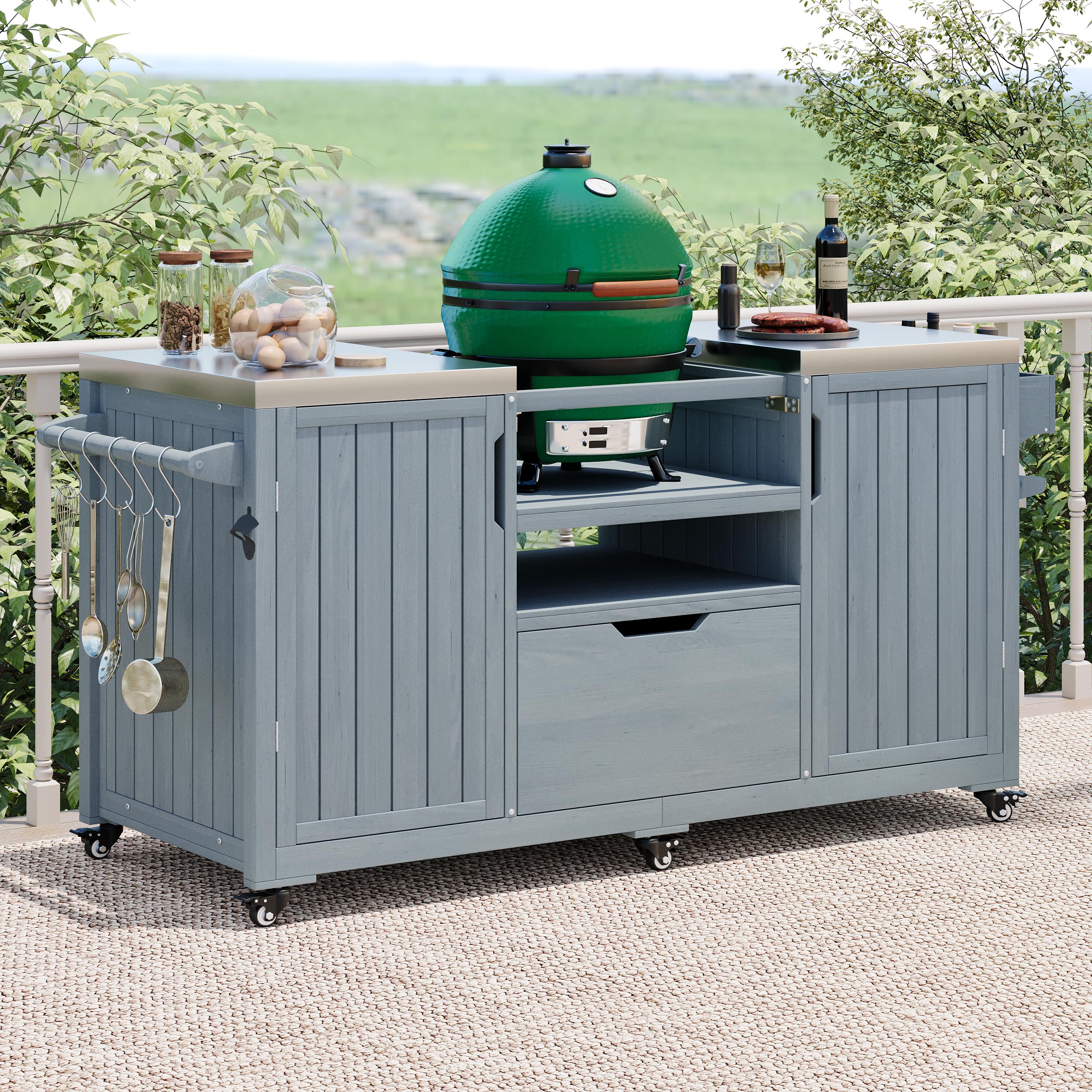 Outdoor Kitchen Island Grill Station with Storage, Dark Brown
