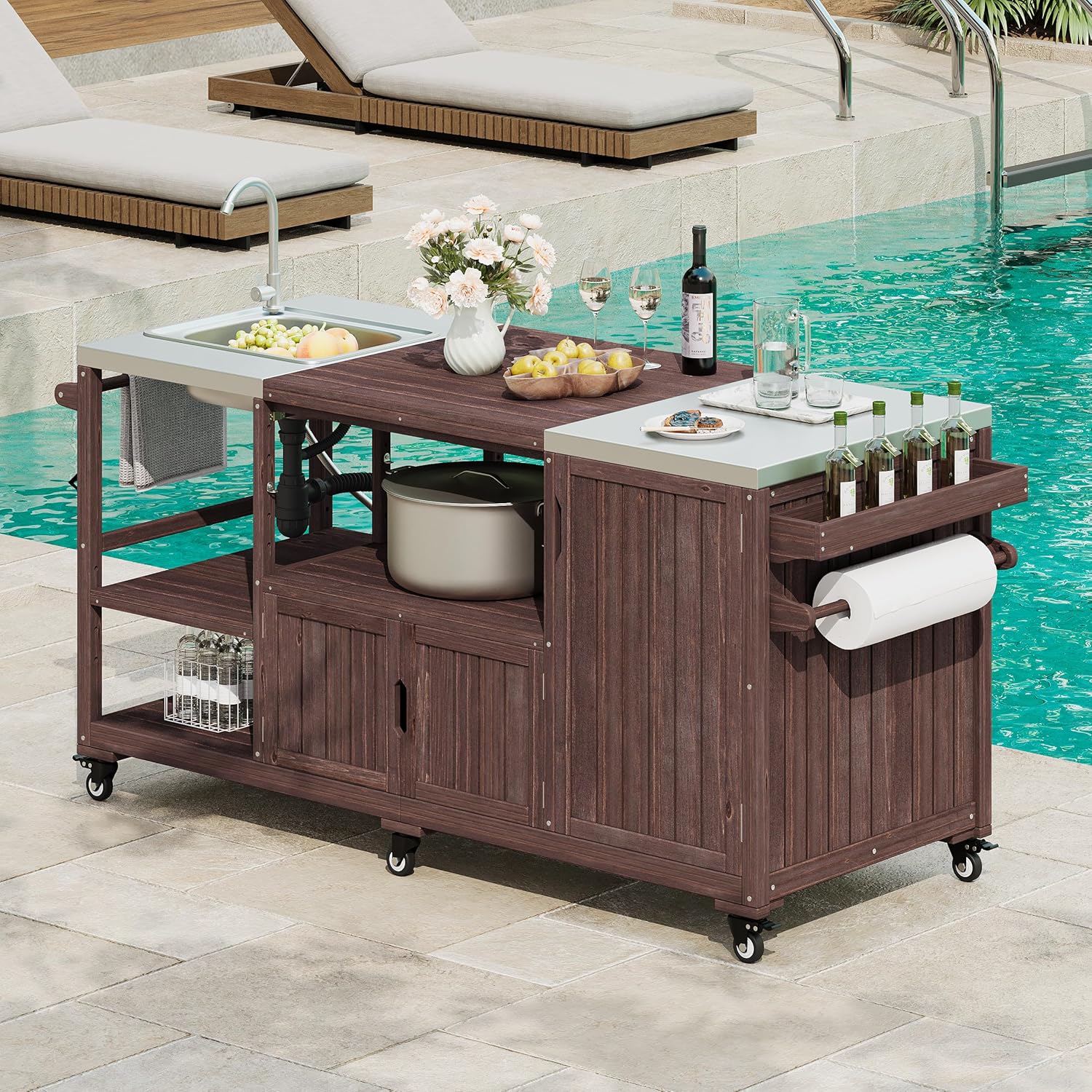 75.4" Outdoor Kitchen Island with Sink, Solid Wood Grill Cart, Rolling BBQ Prep Station with Stainless Steel Top, Towel Rack & Spice Rack, BBQ Cart (Grills NOT Included) (Brown, 75.4 inch)